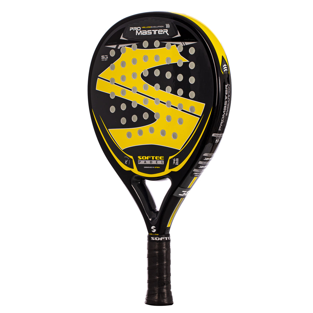 Softee Pro Master Evolution Yellow padel racket with fiberglass faces and hybrid shape front left