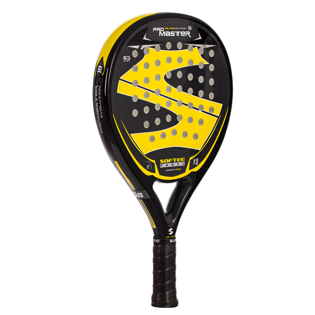 Softee Pro Master Evolution Yellow padel racket with fiberglass faces and hybrid shape front right